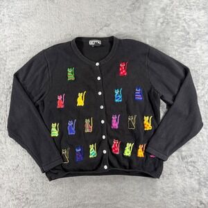 Berek Embroidered Cat Novelty Knit Cardigan Sweater Womens L Bright Bold